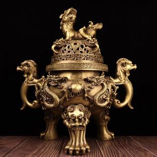 黄铜天狗炉摆件双龙耳铜香炉三足九龙檀香熏炉家用室内工艺品