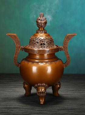 铜欣祥紫铜龙钮如意纹三足熏炉家居室内香炉摆件