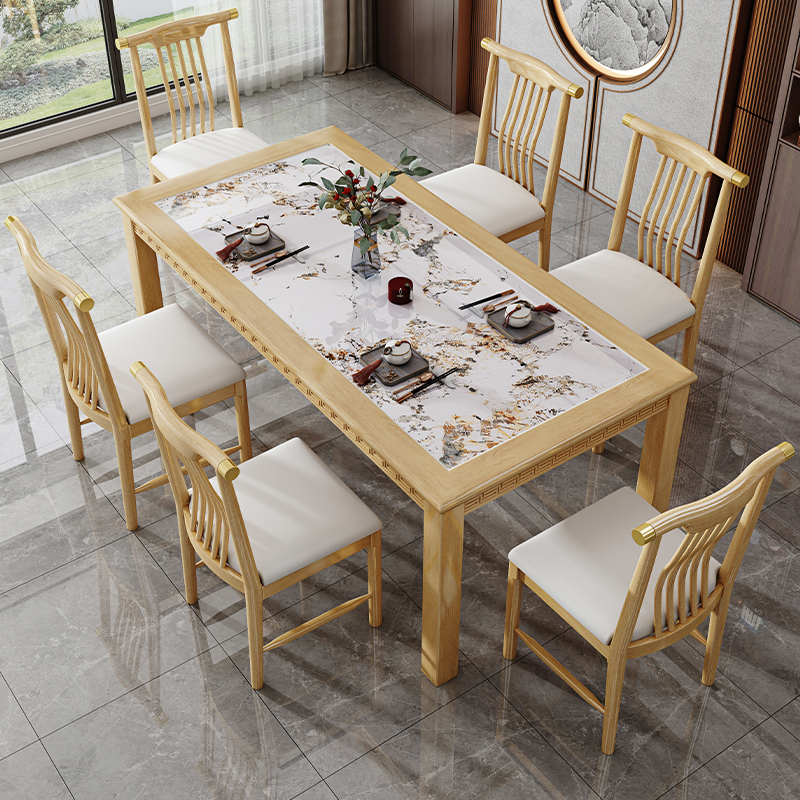 全实木岩板餐桌椅组合6人现代家用小户型长方形带电磁炉简约饭桌