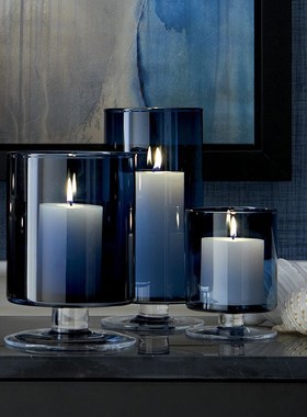 高脚蜡烛烛台摆件蓝色玻璃防风风灯样板间装饰欧式家用餐桌氛围感