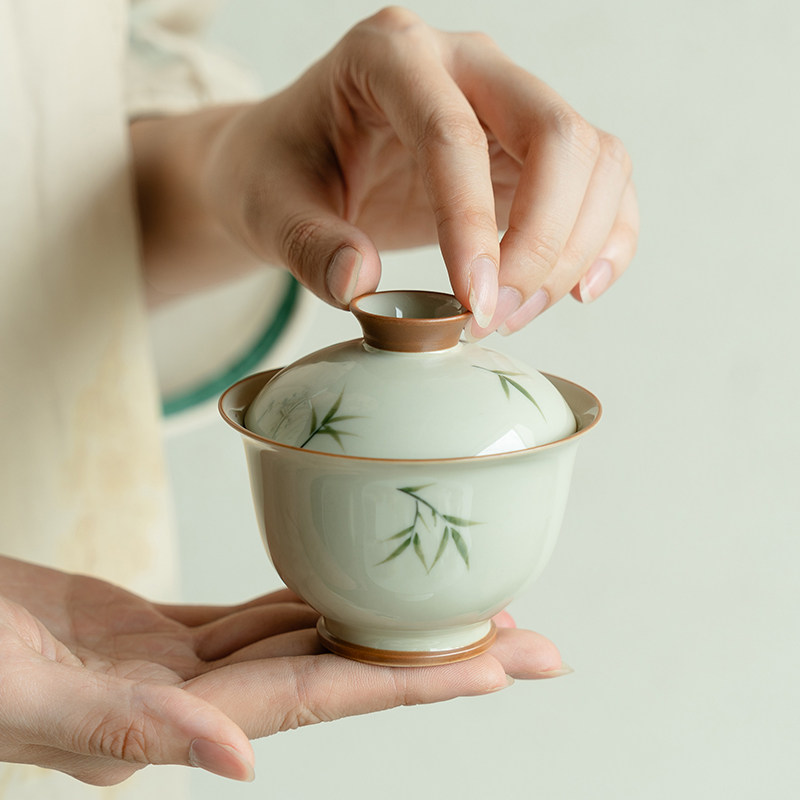 拓土二才盖碗茶杯家用纯手绘筱竹陶瓷茶碗女士泡茶器单个功夫茶具