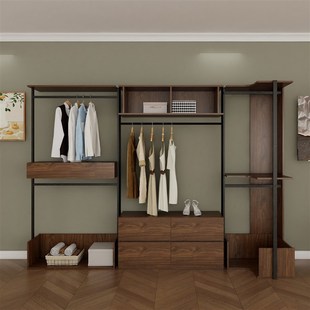 直发香港胡桃木色开放式 衣柜金属衣柜定制小型衣帽间成品衣柜组合