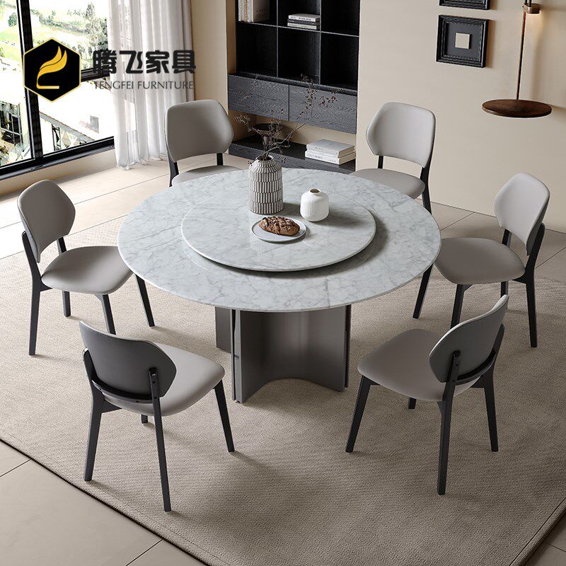 意式现代简约不锈钢大理石圆桌家用带转盘圆餐台高级感餐桌椅组合
