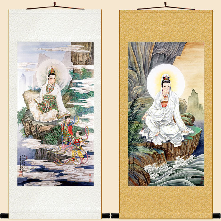 紫竹林中观自在 普陀山中观世音菩萨画像 佛堂客厅卷轴挂画丝绸画