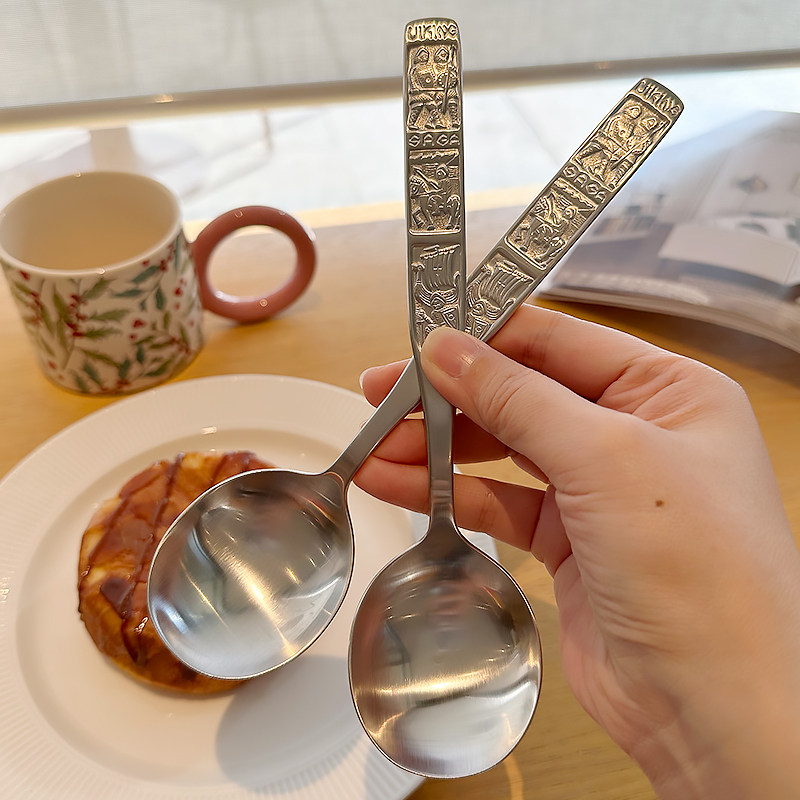 出德1810不锈钢勺子主餐更大圆勺复古吃饭喝汤调羹家用长柄勺汤匙