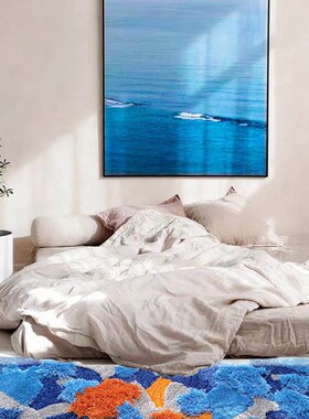 蓝色海洋创意儿童房手工地毯毛绒绒柔软立体高低效果地垫房间装饰