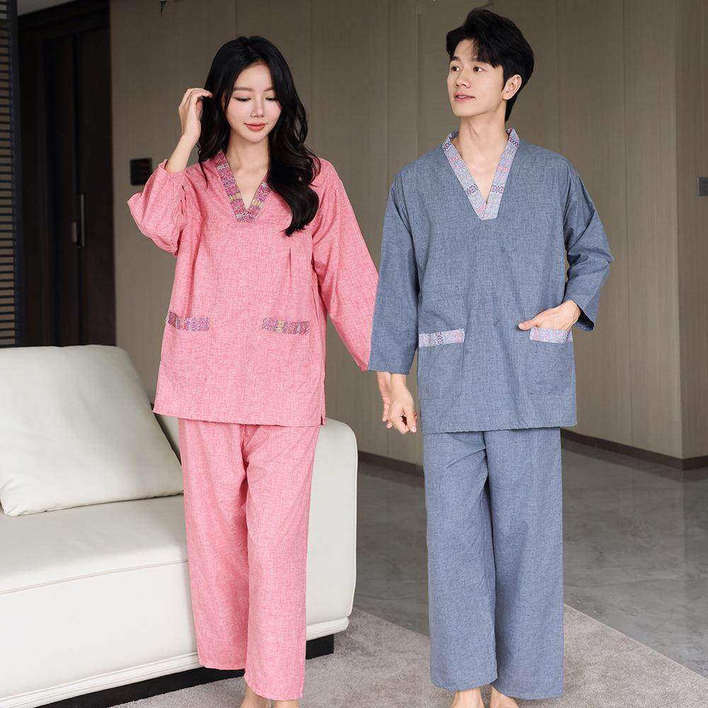 芈竹 高档麻棉汗蒸服女长袖长裤浴衣男款大码洗浴足疗桑拿家居服
