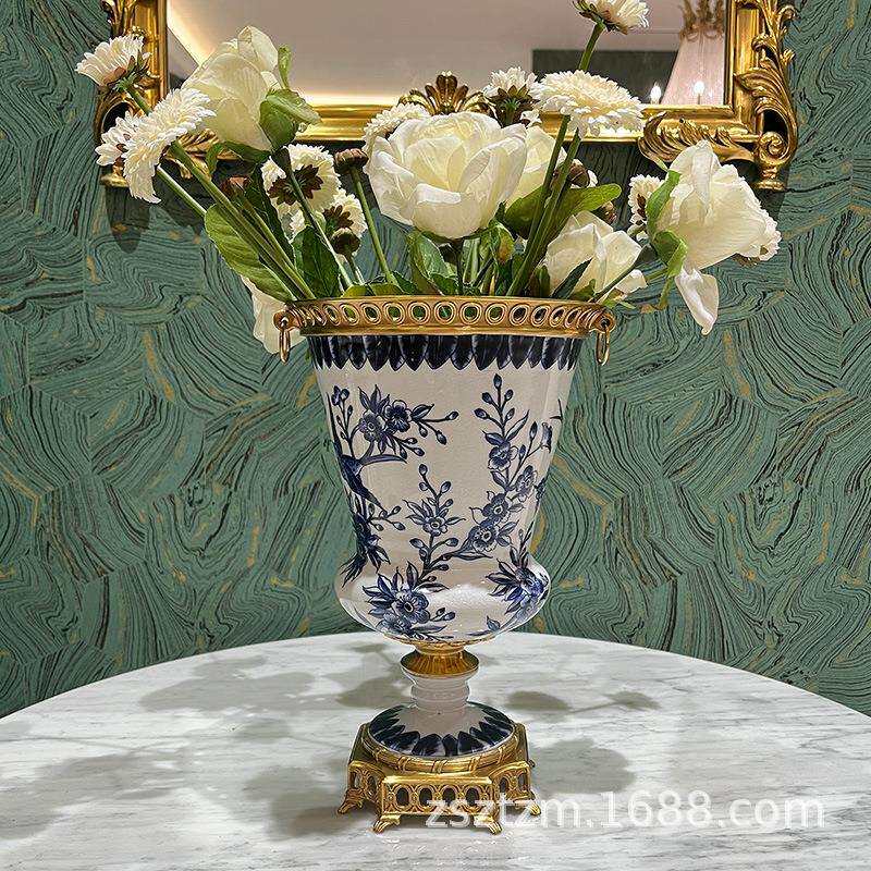 欧式复古铜配瓷花瓶花器花插工艺品摆设美式客厅餐厅玄关装饰品
