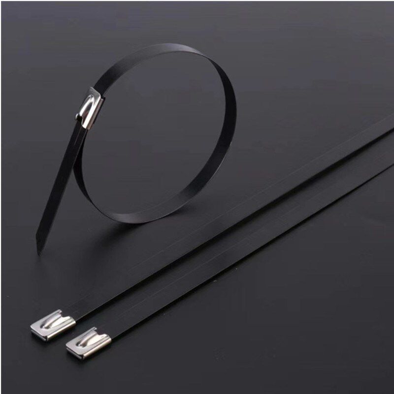 304喷塑不锈钢扎带5mm黑色金属扎带桥架束线带标牌电缆扎丝厂家