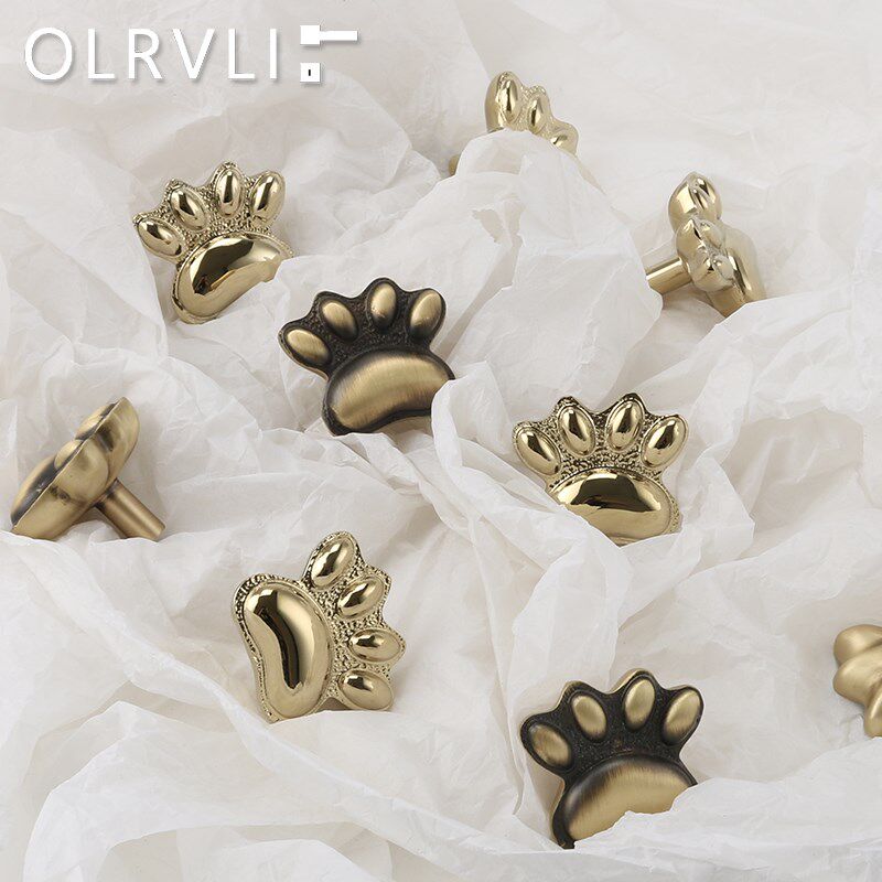 olrvli黄铜古铜色猫爪拉手复古金色衣柜门拉手抽屉狗爪儿童房拉手