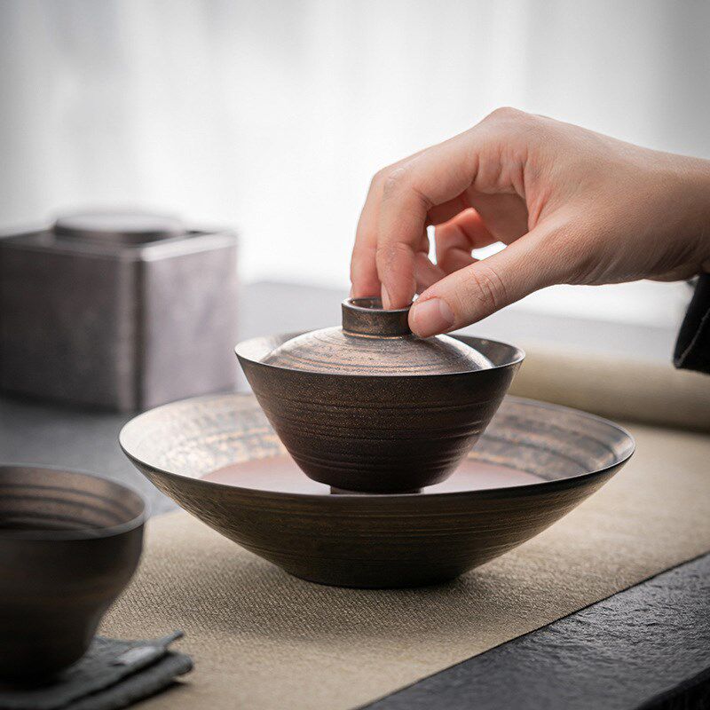 陶瓷三才盖碗复古铁锈仿铜釉手工功夫茶具套装泡茶壶茶碗杯
