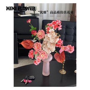 玫瑰郁金香混搭手感仿真花插花 花束成品 花艺师设计红色 优雅法式