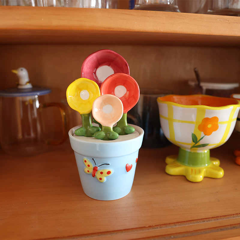 创意可爱小花造型勺子陶瓷耐高温釉下彩花朵奶粉量勺咖啡勺烘焙勺