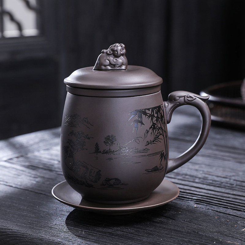 紫砂办公茶杯大容量刻字定制泡茶水杯家用带过滤内胆陶瓷个人杯子