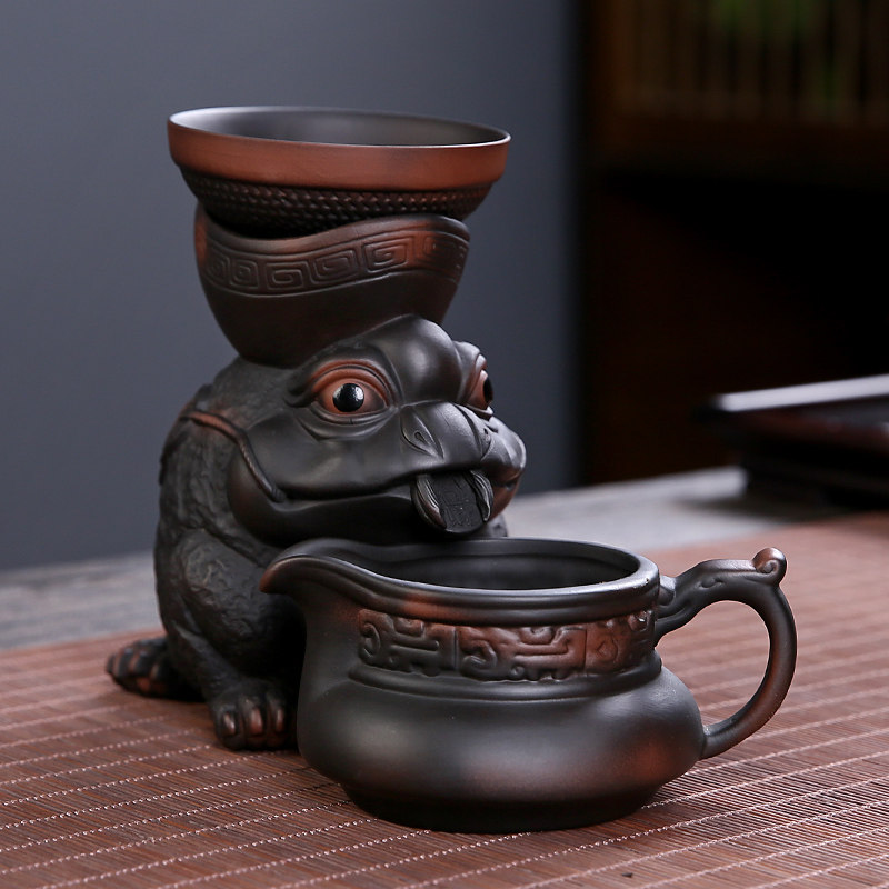 家用金蟾紫陶茶漏滤茶器公道杯一体泡茶创意茶叶过滤器陶瓷滤茶器