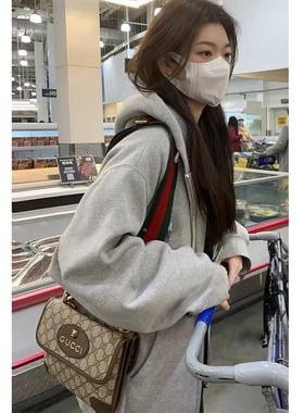 卫衣外套女士春秋冬季加绒款慵懒灰帽色小个子拉即墨宽链松CSU连