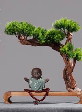 新中式木头工艺品创意木制装饰禅意小和尚摆件客厅玄关茶几迎客松