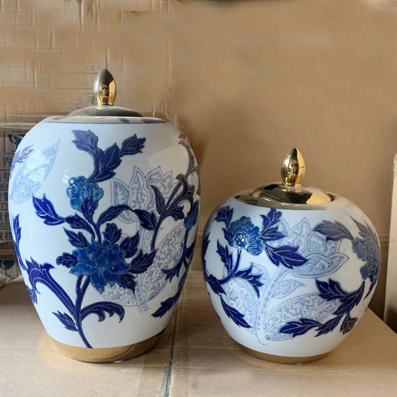 描金青花瓷花瓶新中式储物罐家居玄关餐桌装饰品陶瓷插花器摆件