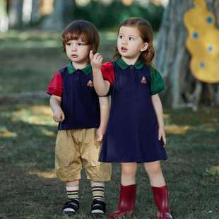 阿米拉童装2025夏季新款男童拼色POLO领短袖学院风姐弟装儿童T恤