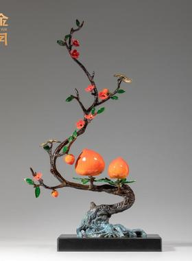 铜金岁月多福多寿寿桃树木黄铜摆件绿植桃树盆栽铜摆件金属工艺品