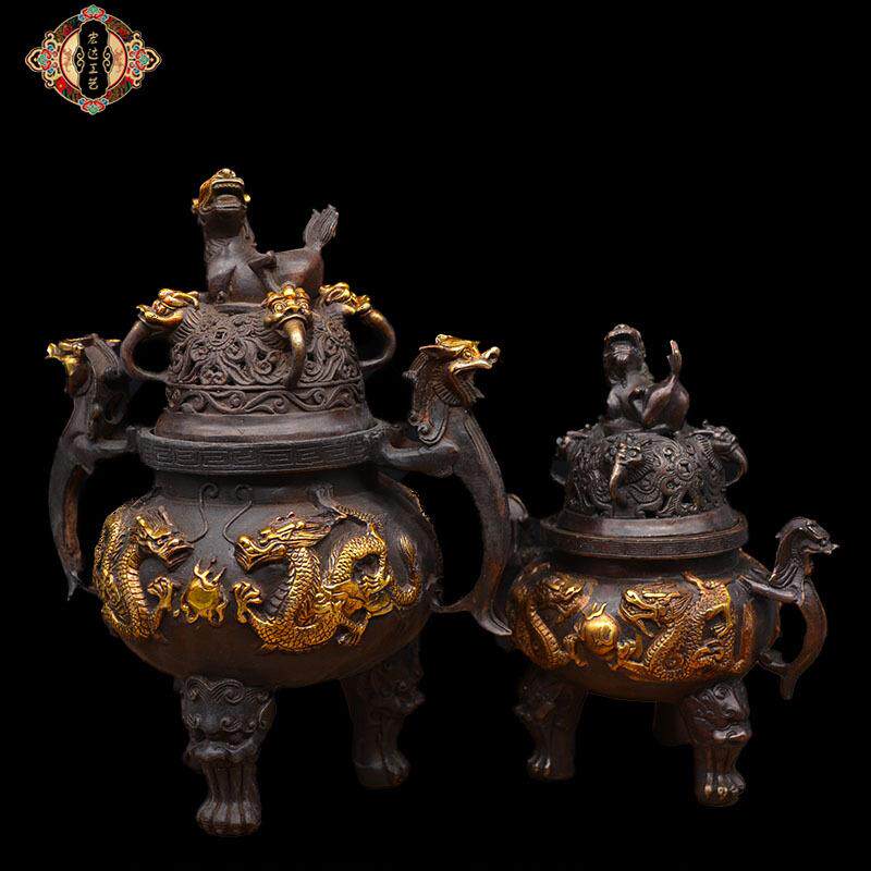 宏达 鎏金二龙太师炉 天狗炉 铜器香炉家居摆件