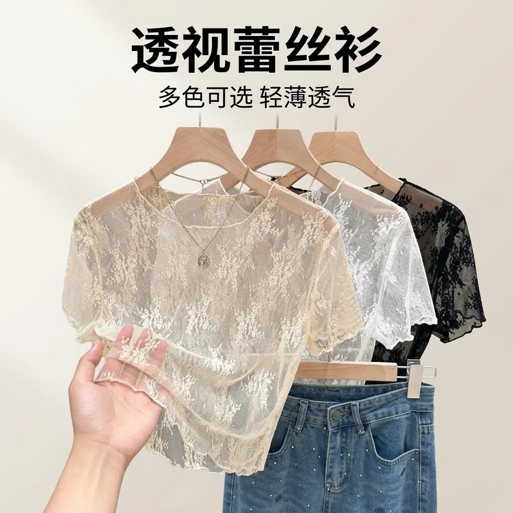 薄款透明蕾丝打底衫女夏吊带裙内搭短袖t恤性感纱衣镂空网纱上衣