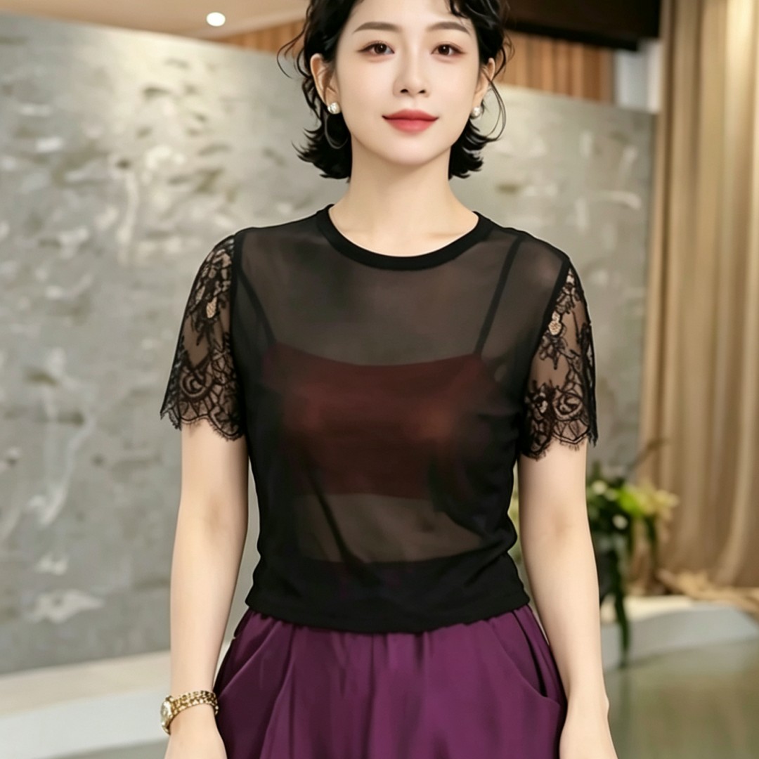 高级感透视薄款柔软蕾丝勾花小衫休闲百搭设计感镂空网纱外穿上衣