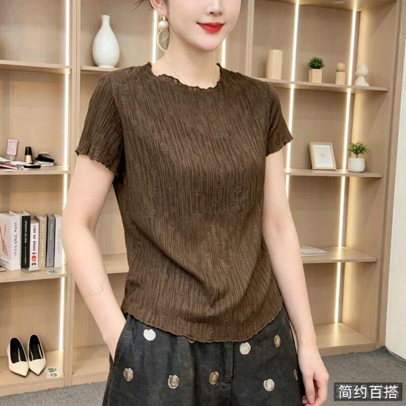 韩系波点针织短袖T恤女夏季皱褶