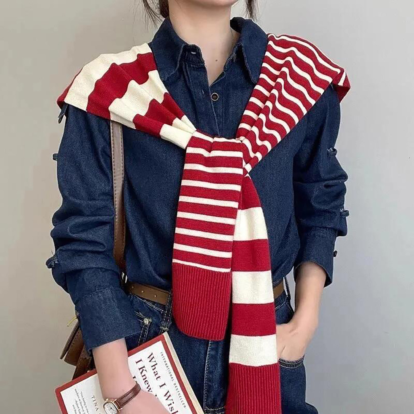 红色条纹秋冬针织披肩女外搭
