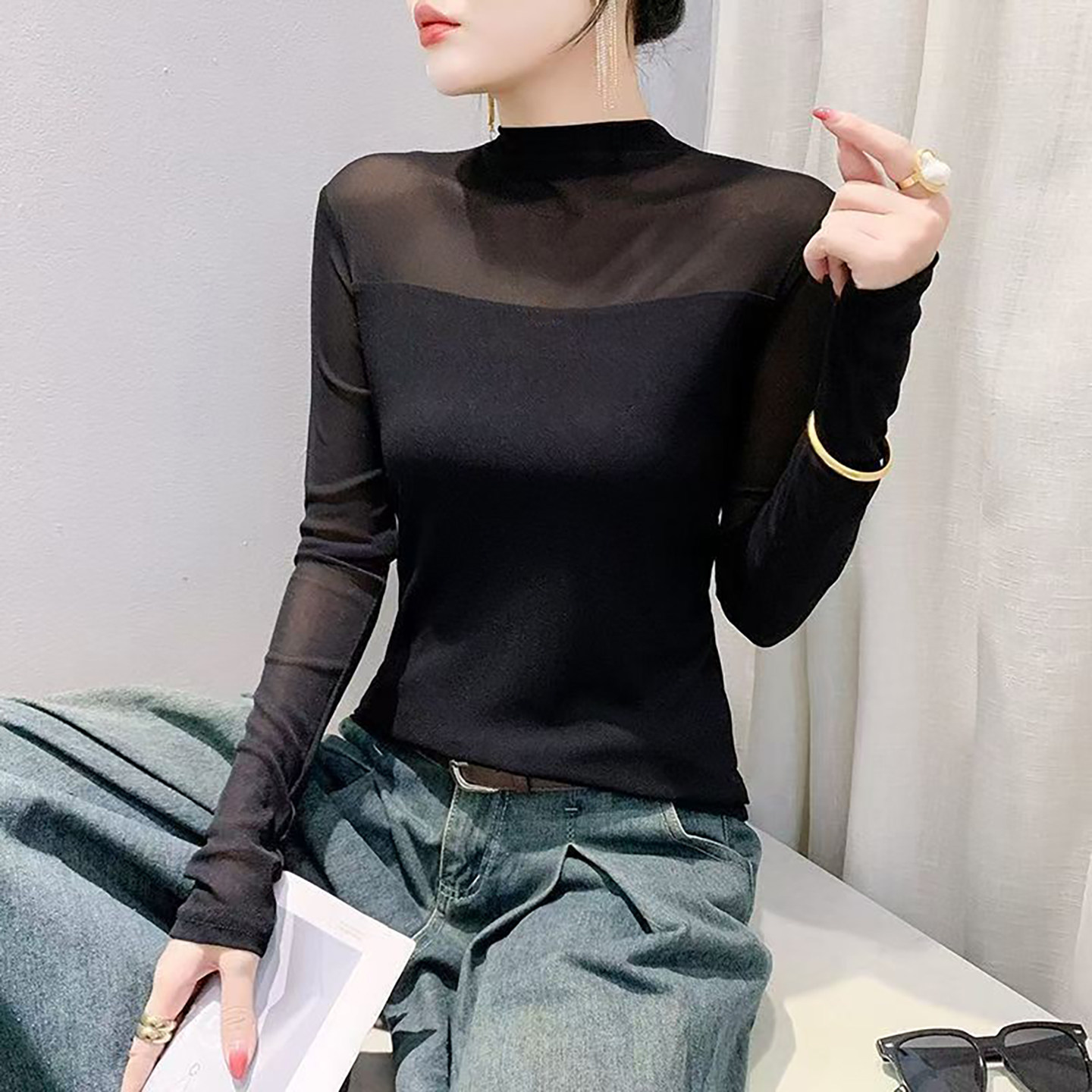 女人味显瘦减龄新款半高领网纱气质打底衫长袖加绒T恤内搭上衣女