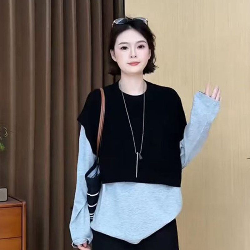 大码圆领不规则黑色针织披肩女早春新款胖mm宽松显瘦外搭叠穿上衣