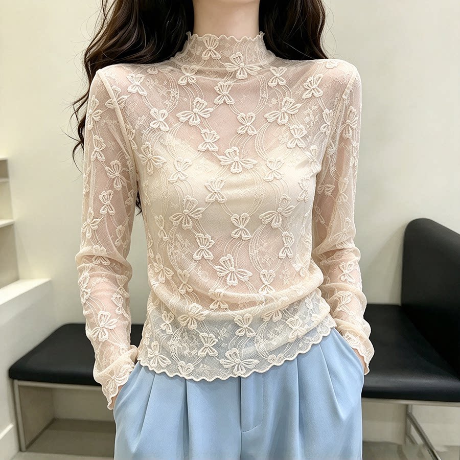 秋季半高领蕾丝打底衫女秋冬叠穿毛衣内搭纱衣加绒款高级网纱上衣