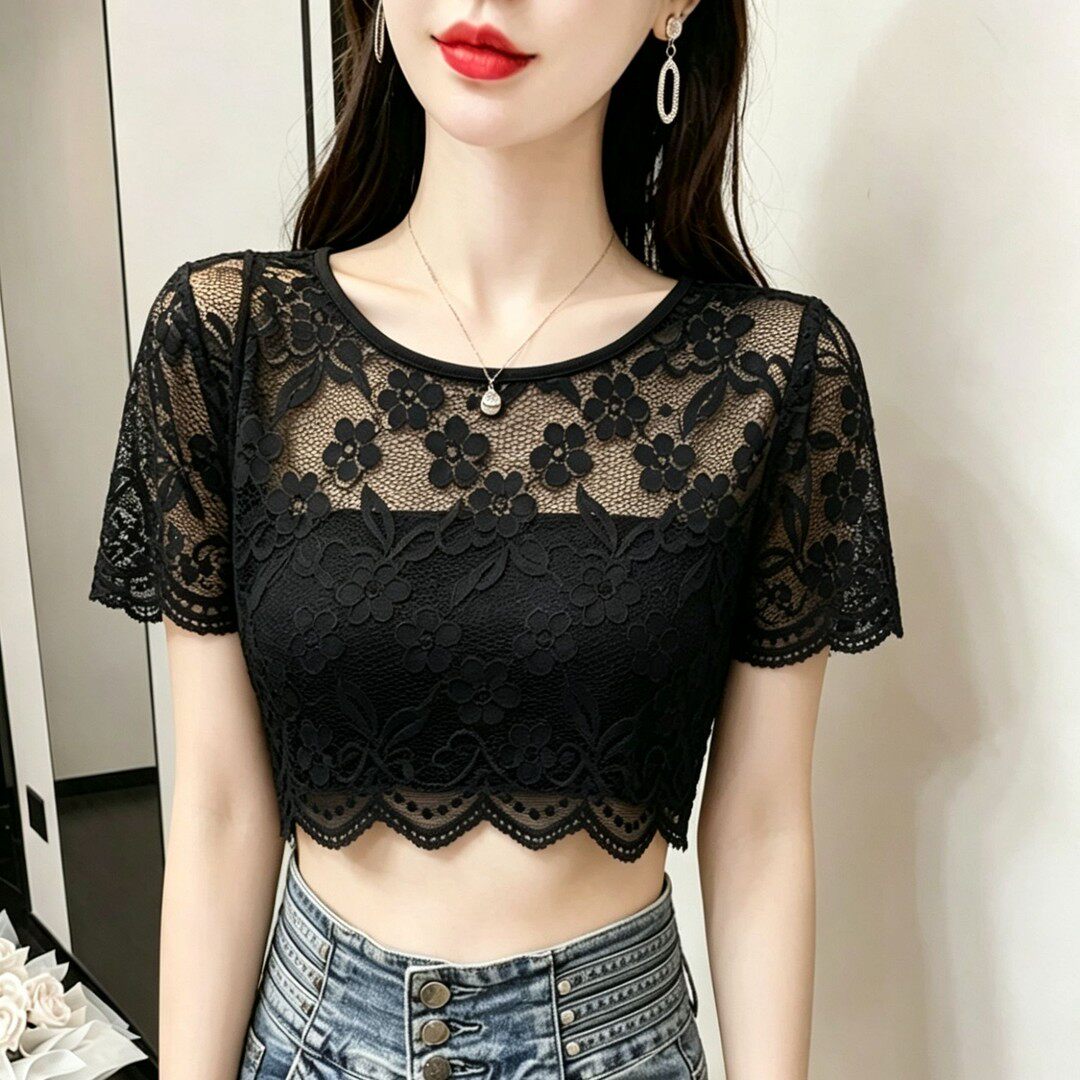 夏季仙女时尚百搭超薄设计网纱T恤圆领半截短款打底罩衫蕾丝内搭