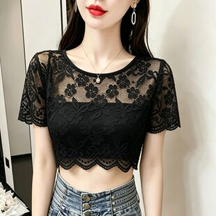 夏季仙女时尚百搭超薄设计网纱T恤圆领半截短款打底罩衫蕾丝内搭