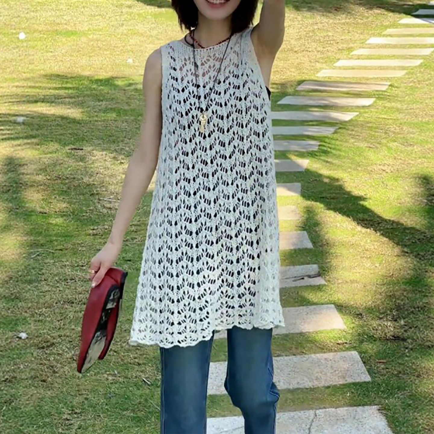 针织中长款钩花镂空背心裙松弛感慵懒度假风2026春夏气质叠穿裙子