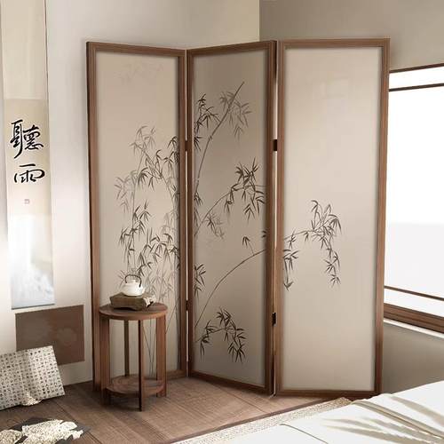 新款中式宋代美学实木屏风隔断客厅折屏移动办公室遮挡乔其纱卧室
