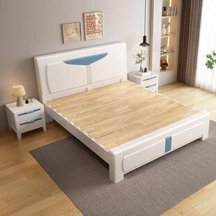 榫卯实木床现代简约1.8米主卧双人床1.5米北欧拼色压纹白色储物