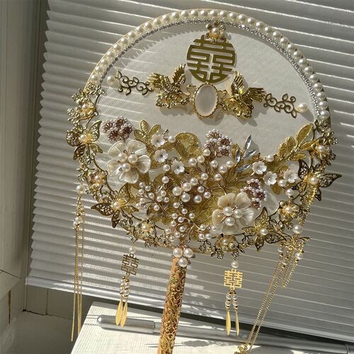 新娘结婚婚扇成品 刺绣金色高档龙凤卦中式扇子 高级团扇喜庆出嫁