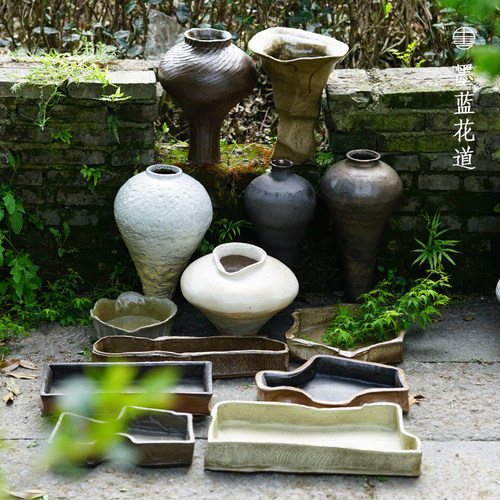 墨蓝花器手作设计师款陶瓷不规则投入瓶花瓶中式花道插花器皿摆件
