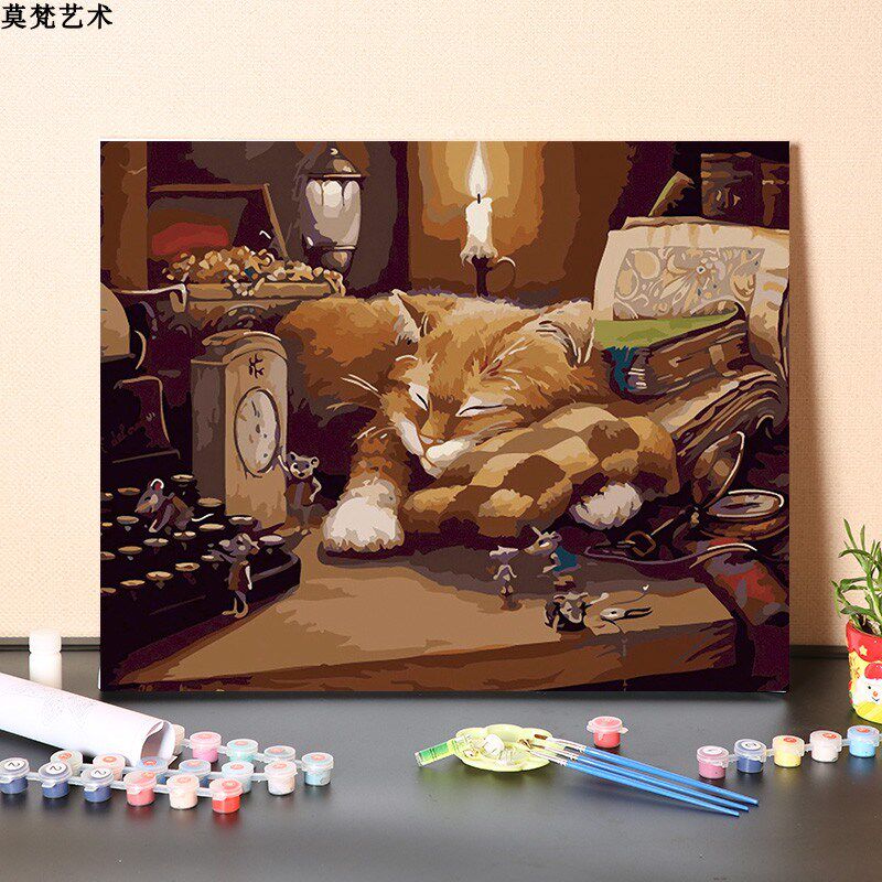 数字油画diy手工填充可爱瞌睡猫消磨时间减压手绘涂色丙烯油彩画