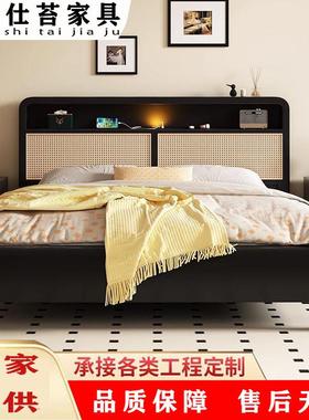 藤编北欧中古风全实木床1.8m黑色侘寂风夜灯床法式复古储物双人床