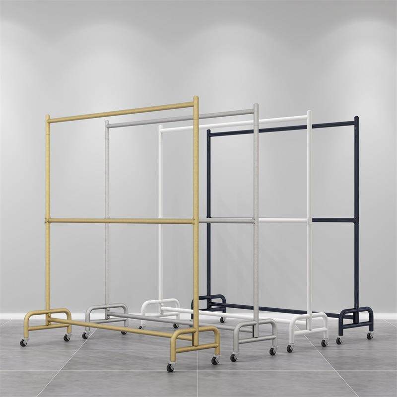 双层服装店展示架落地式挂衣架可移动带轮子可升降调节阳台晾衣架