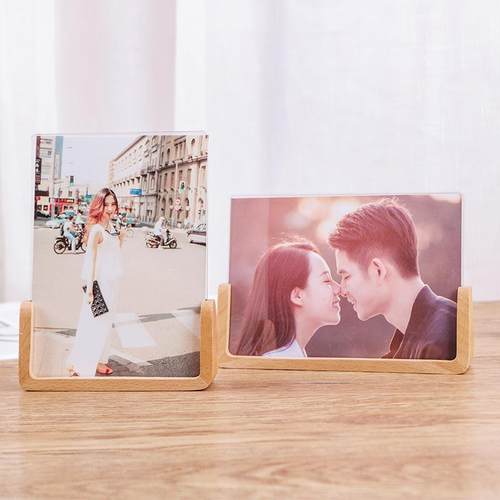 实木U型桌面相框摆台宣传海报框亚克力56781011寸相架手工实木