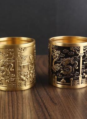 黄铜百福笔筒摆件创意装饰桌面龙凤呈祥笔筒雕刻纯铜器金属工艺品