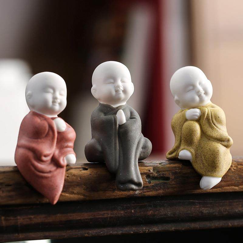 禅意小沙弥假山盆景鱼缸造景多肉装饰创意可爱迷你陶瓷小和尚摆件