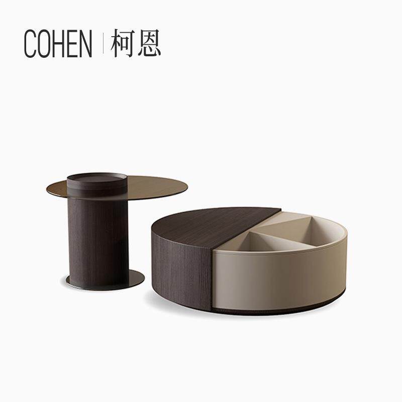 意式极简旋转实木玻璃圆茶几组合简约现代小户型家用客厅轻奢边几