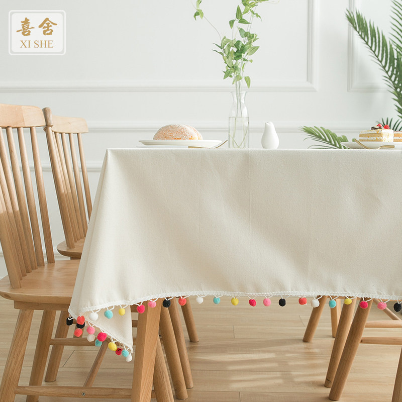 蓝色雏菊田园棉麻台布印花茶几桌布盖巾流苏花边彩色毛球素色白色,居家布艺,桌布,淘宝优惠券,粉丝福利购,淘宝优惠卷