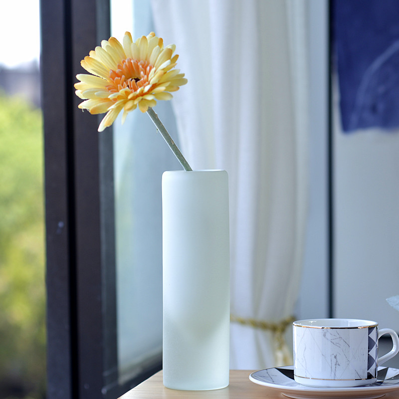 白色磨砂玻璃花瓶手工圆柱直筒家居摆件样板房简约现代软装饰花樽