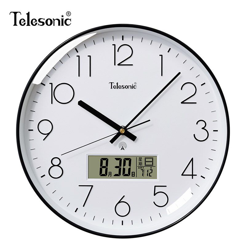 TELESONIC/天王星电波钟静音挂钟客厅圆形挂表家用时尚日历时钟表