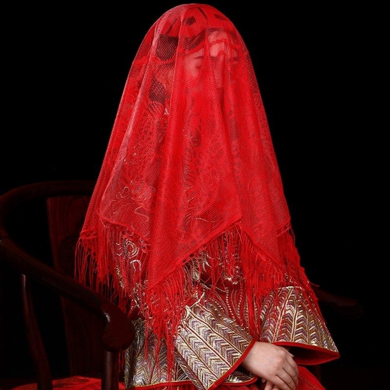 结婚盖头新娘秀禾出嫁头纱红色高档中式2023新款半透明红盖头女回